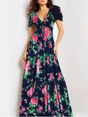 Floral V -Neck Short Sleeved Summer Dress
